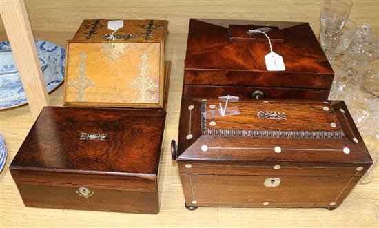 A William IV mother of pearl-inlaid rosewood sarcophagus tea caddy and three other boxes,
